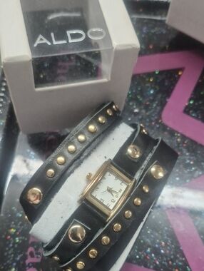 Aldo Black Leather Multi-Wrap Watch with Gold Accents